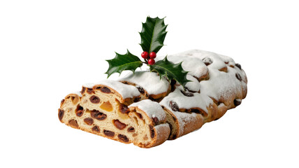 Traditional german christmas stollen cake with candied fruit nuts and icing sugar dusted isolated on transparent background