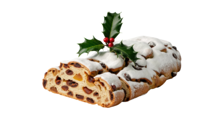 Traditional german christmas stollen cake with candied fruit nuts and icing sugar dusted isolated on transparent background
