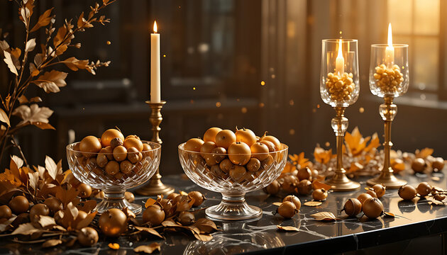 Elegant autumnal table setting with glowing candles crystal bowls filled with golden orbs and scattered fall leaves creating a warm and inviting ambiance for seasonal celebrations
