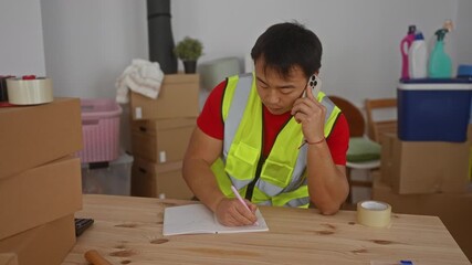 Man in new home wearing a vest talks on phone while writing at a table surrounded by moving boxes indicating relocation and planning.