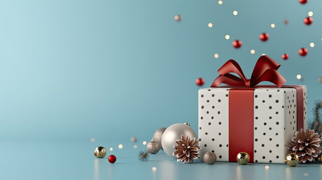 A flying gift box adorned with a red ribbon and polka dots floats against a blue background, surrounded by Christmas ornaments, evoking celebration