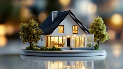 Two people converse at a sophisticated meeting table, analyzing financial graphs alongside a model house, emphasizing luxury real estate