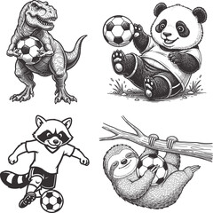 Naklejka premium Soccer Football Mascot Bundle T-Rex Dinosaur Panda Raccoon Sloth Player Line Art Engraving Vector Illustration Graphic