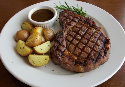 Juicy grilled ribeye steak with roasted potatoes and dipping sauce