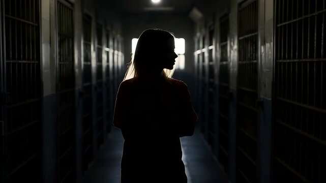 Silhouette of Woman Walking Down Empty Prison Cell Block Corridor with Metal Bars
