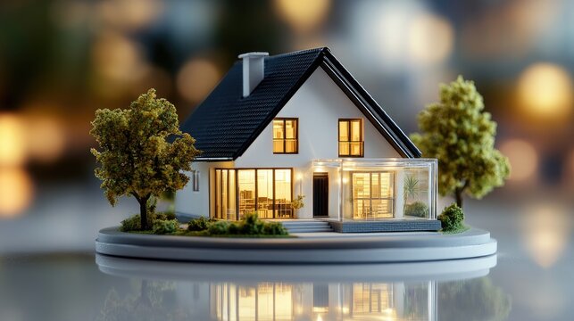 Two people converse at a sophisticated meeting table, analyzing financial graphs alongside a model house, emphasizing luxury real estate