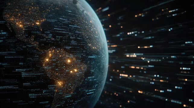 Abstract digital background features Earth at the center, surrounded by screens displaying various global connections and data transfer