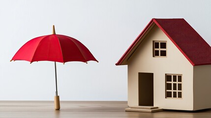 A small house model sits on a table with a bright red umbrella beside it, highlighting a playful and whimsical indoor setting