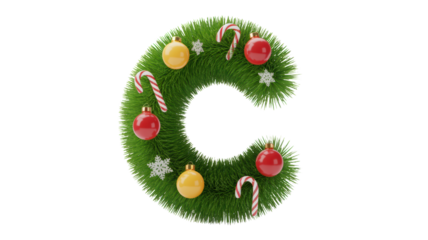 Festive christmas letter c formed from green pine needles and decorated with shiny baubles candy canes and stars isolated on transparent background