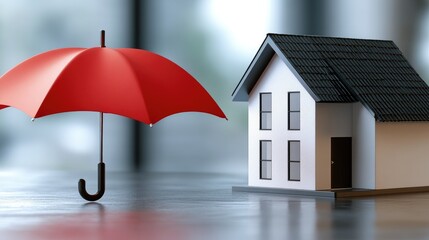 A small house model sits on a table with a bright red umbrella beside it, highlighting a playful and whimsical indoor setting