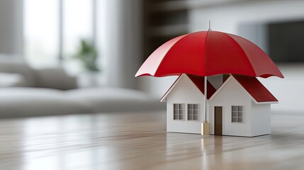 A small house model sits on a table with a bright red umbrella beside it, highlighting a playful and whimsical indoor setting