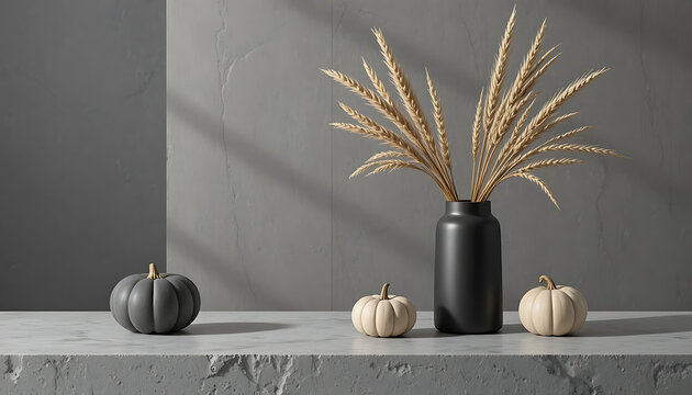 Minimalist autumn still life with dried wheat stalks in a black vase and decorative pumpkins on a textured surface with shadow play