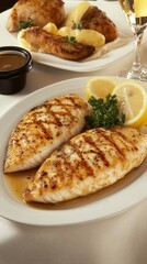 Delicate fish fillet with golden-brown edges served elegantly on a white plate, garnished with lemon juice, showcasing its natural beauty