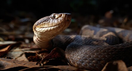 Fototapeta premium Cottonmouth Snake Camouflaged on Lush Forest Floor: Nature's Venomous Guardian