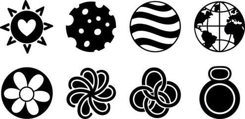 Set of eight black and white circular icons with sun, heart, flower, globe, and abstract shapes vector design