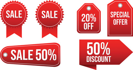 Collection of red sale tags and discount labels with various offers like 20% off, 50% discount, and special offers, isolated on a transparent background