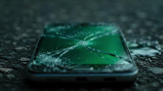 Shattered smartphone display dims and dies out, no sign of life beneath web of cracks and condensation, as drained battery leaves phone inert and abandoned on road.