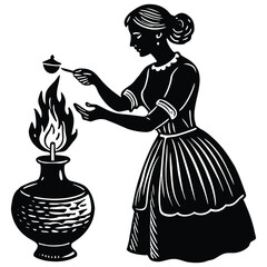 Elegant Woman Silhouette Lighting a Flame With Antique Oil Lamp Illustration on White Background