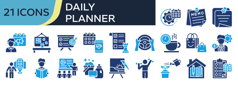 Collection of Daily Planner icons, related to Daily Routine, Sticky Note, Homework, Activity Tracker, Action List and more. Solid icons vector illustation.