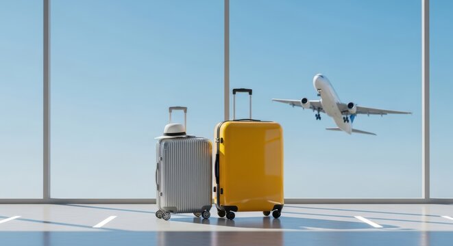 Two suitcases, one yellow and one silver with a hat, stand in a modern airport terminal with a large window overlooking a plane taking off into the blue sky