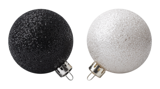 Two oval shaped glitter christmas ornaments one black and one white isolated on transparent background
