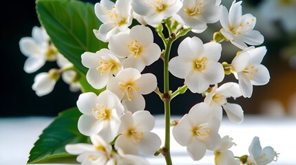 A high-resolution photograph of white jasmine flowers against a pure white background. The image shows a single stem with multiple white flowers in ful