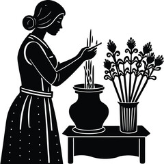 Elegant Woman Arranging Flowers Silhouette Image in Black and White on White Background