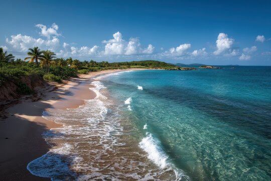 Idyllic Beach Scene on Vieques Island, Puerto Rico: Sunlit Sand, Crystal Clear Sea, and Vibrant Summer Sky