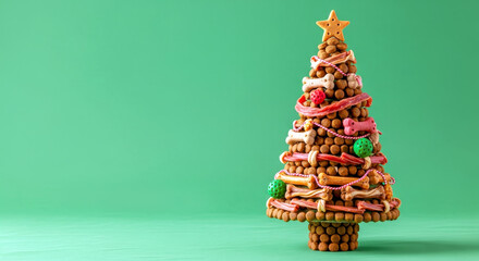 Creative Christmas tree made of dog treats, bones and snacks decorated with red and green balls on green background, festive composition for pet store and holiday marketing concept