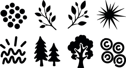 Nature symbols vector set featuring trees leaves sun waves and abstract shapes in black and white design