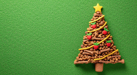 Flat lay of dog food arranged as Christmas tree with bones and red candy decorations on green textured background, creative festive concept for pet care and holiday marketing design