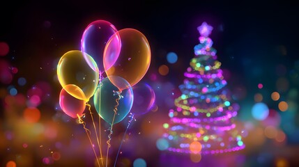 Glowing Neon Balloons and a Stylized Christmas Tree on a Multi-hued Background Creating a Warm Festive Ambience