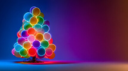 Contemporary Neon-Infused Balloon Christmas Tree Artwork Set Against a Vivid, Multi-Hued Negative Space Backdrop Exuding Festive Cheer