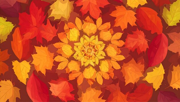 Colorful autumn leaves artfully arranged in a circular mandala on a brown background - Powered by Adobe