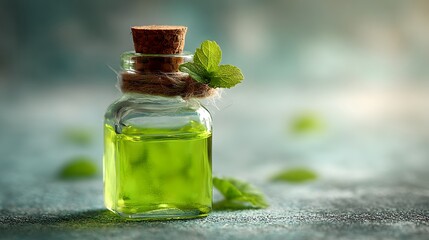 Detailed close-up illustration of a vibrant green elixir captured in a miniature glass bottle with a cork stopper and a precisely placed mint leaf accent