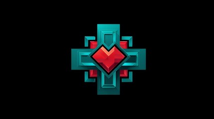 Futuristic Emblem Merging Teal Cross and Vibrant Red Heart Symbolizing Compassionate Medical Services with Modern Geometric and Digital Art Aesthetics