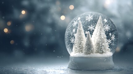 Intricate Stylized Christmas Snow Globe with Evergreen Trees and Detailed Snowflakes for a Festive, Magical Winter Decor Experience