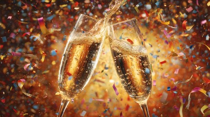 Dynamic Illustration of Sparkling Champagne Flutes Clinking Amid Radiant Stars and Cascading Confetti in a Vibrant, Jubilant Celebration