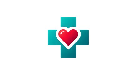 Vibrant Teal Cross and Red Heart Emblem Celebrating Modern Health, Care, and Medical Services in Abstract Vector Design