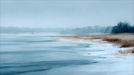 Expansive Frozen Lake and Snowy Shoreline with Gentle Icy Textures in a Muted Winter Landscape Exuding Serene Isolation and Soft Pastel Hues