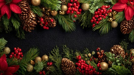 Festive Christmas Frame Highlighting Lush Pine Foliage, Vibrant Red Embellishments, Pinecones, Brilliant Golden Accents, and Cozy Illuminated Effects