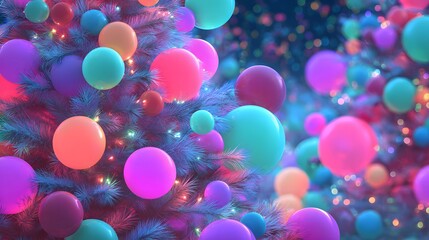 Vibrant Neon Holiday Celebration Featuring an Elegant Christmas Tree with Inflated Balloons on a Colorful, Lively Background