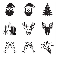 Christmas icons set featuring santa, reindeer, tree, mitten, and champagne Vector, illustration