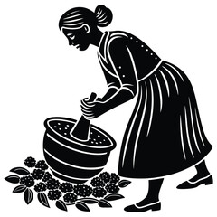 Woman Grinding Herbs Silhouette, Traditional Artwork, Black and White Image on White Background