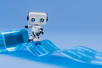 3D robot surfs with skate on glowing tech data stream wave