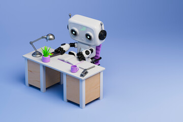 3D robot working at desk with office accessories