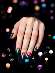 Close-up of female hands with stylish manicure against festive bokeh lights. Detailed nail design, glossy polish and elegant hand pose for beauty category.