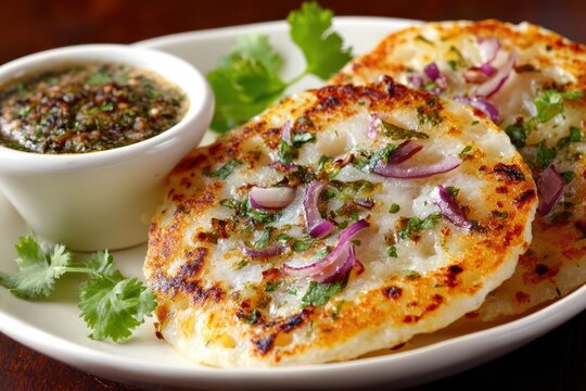 Delicious Uttapam Duo Served with Coconut Chutney, Garnished with Coriander - Closeup of a South Indian Vegetarian Dish