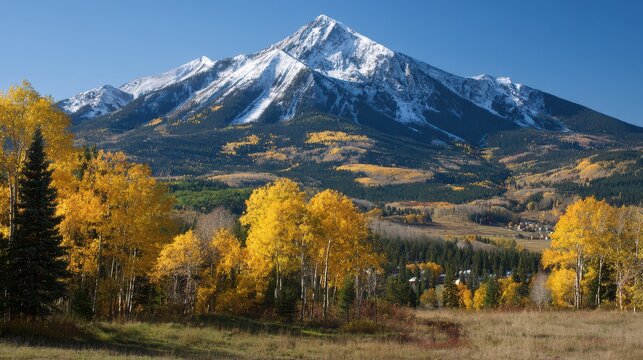 Golden Aspen Trees Under Snowy Peaks: Autumn Landscape in Silverthorne, Colorado