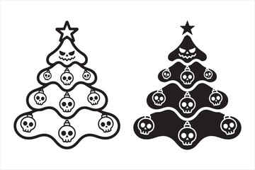 Spooky christmas tree with skull ornaments and scary face icon Vector, illustration